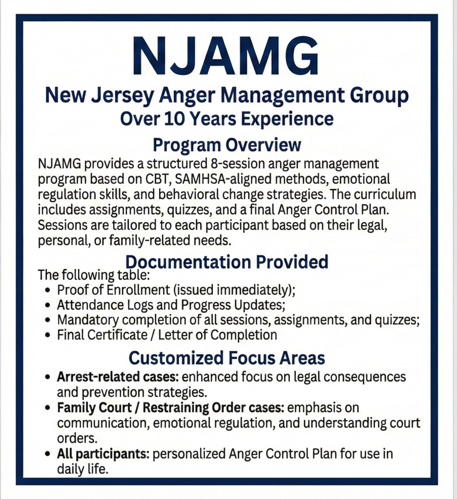 New Jersey Anger Management Course in New Jersey Statewide Options