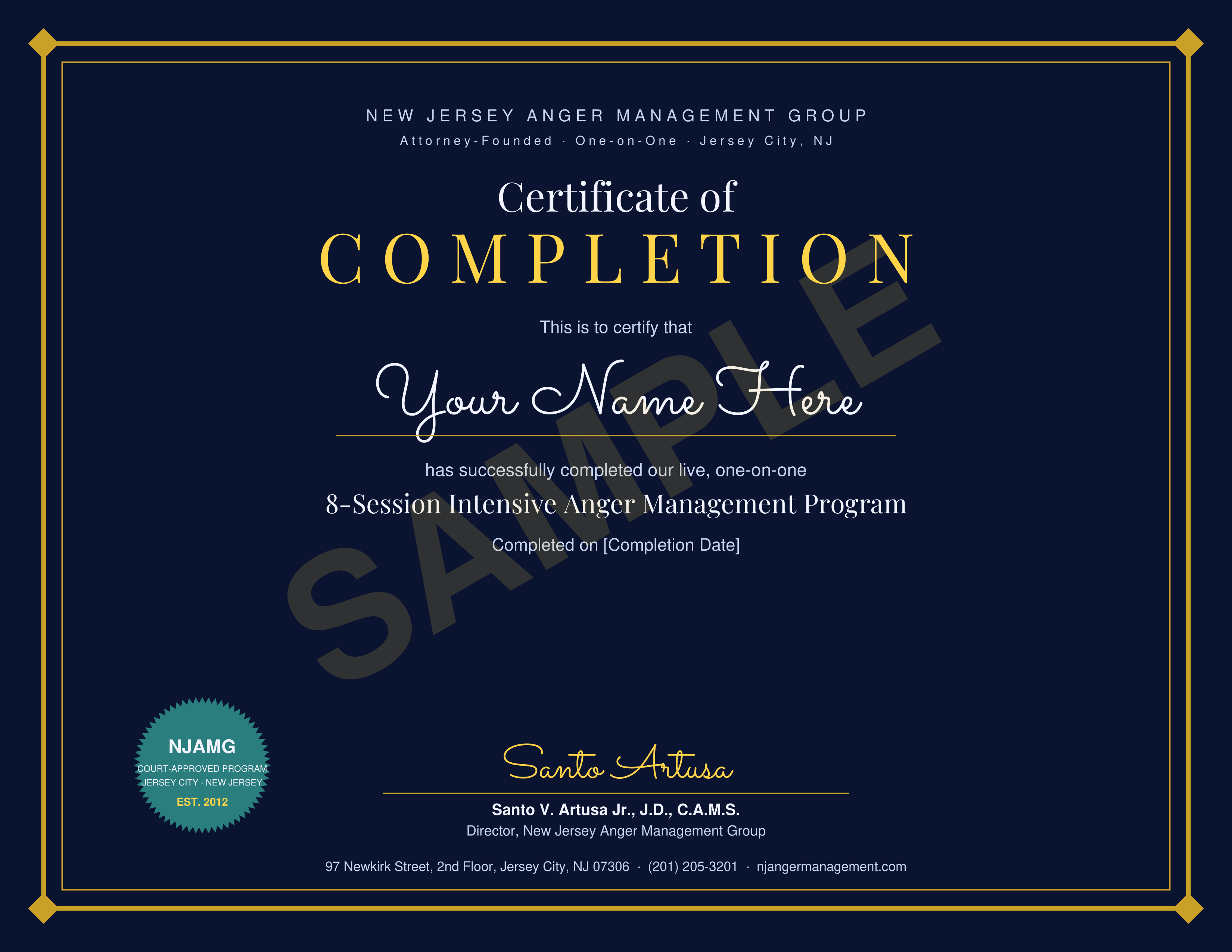 Court-accepted anger management certificate of completion New Jersey - NJAMG sample